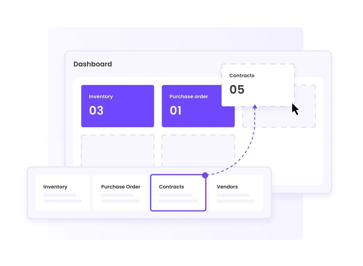 Create custom dashboards with drag and drop ease to get an instant overview of information like purchase orders, inventory, contracts, and vendors